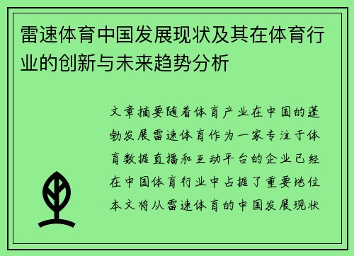 雷速体育中国发展现状及其在体育行业的创新与未来趋势分析